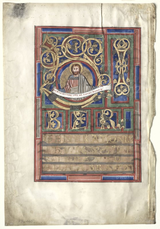 Single Leaf Excised from a Gospel Book with Initial L[iber generationis]: St. Matthew (verso), c. 1190. Germany, Helmarshausen Abbey, 12th century. Ink, tempera, silver, and gold on vellum; sheet: 34.3 x 23.3 cm (13 1/2 x 9 3/16 in.); framed: 52.4 x 39.7 cm (20 5/8 x 15 5/8 in.); matted: 48.9 x 36.2 cm (19 1/4 x 14 1/4 in.).