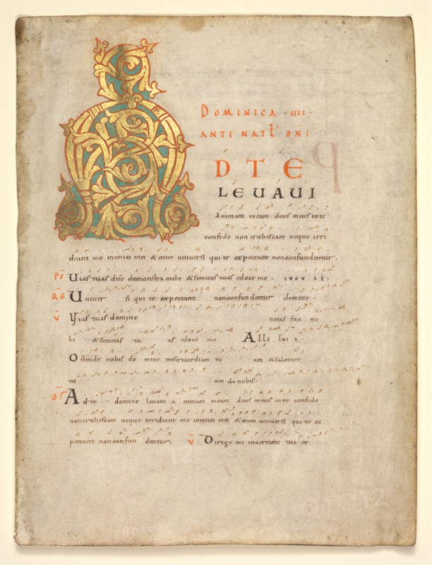 Single Leaf Excised from a Gradual and Sacramentary:  Initial A[d te lavavi], c. 1000-1010. Austria, Salzburg, early 11th Century. Ink, tempera, and gold on vellum; sheet: 22 x 16.7 cm (8 11/16 x 6 9/16 in.).