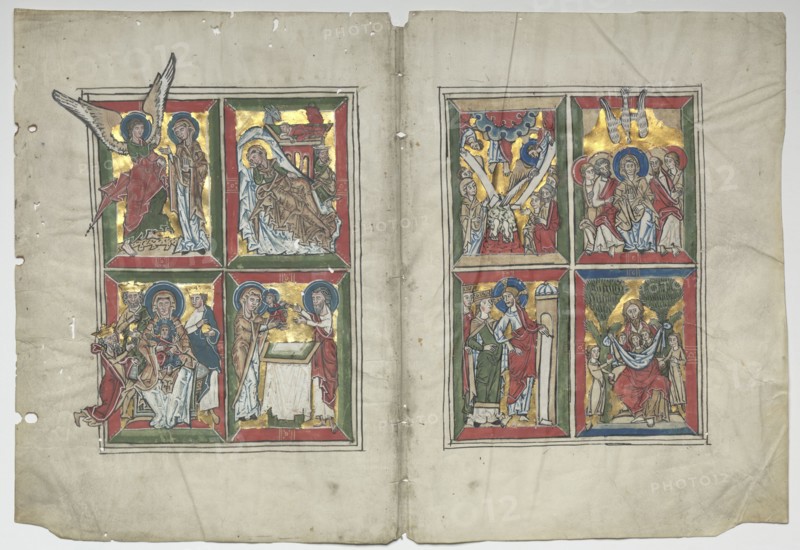 Bifolia with Scenes from the Life of Christ, 1230-1240. Germany, Lower Saxony (Diocese of Hildesheim), Braunschweig(?), 13th century. Tempera, and gold on vellum; sheet: 30.7 x 31 cm (12 1/16 x 12 3/16 in.); framed: 48.3 x 63.5 cm (19 x 25 in.); overall: 30.7 x 45.2 cm (12 1/16 x 17 13/16 in.); matted: 40.6 x 55.9 cm (16 x 22 in.).