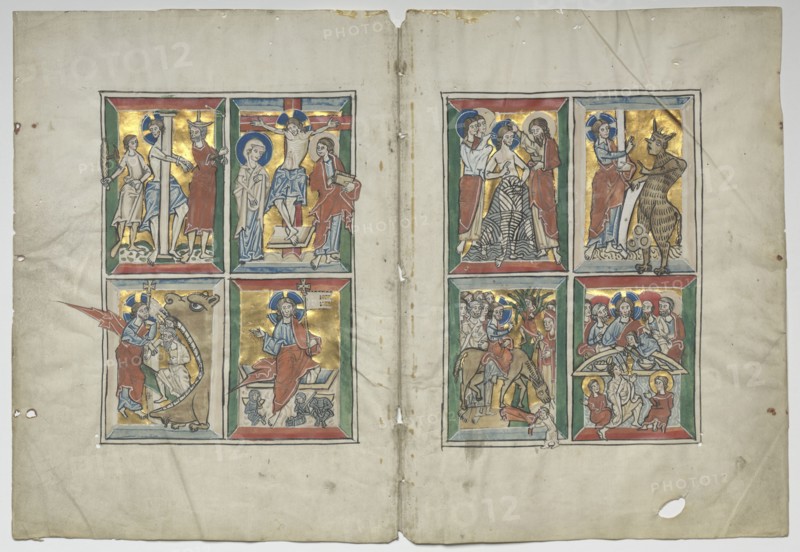 Bifolio with Scenes from the Life of Christ, 1230-1240. Germany, Lower Saxony (Diocese of Hildesheim), Braunschweig(?), 13th century. Tempera, and gold on vellum; sheet: 31 x 22.5 cm (12 3/16 x 8 7/8 in.); framed: 48.3 x 63.5 cm (19 x 25 in.); overall: 30.7 x 45.2 cm (12 1/16 x 17 13/16 in.); matted: 40.6 x 55.9 cm (16 x 22 in.)