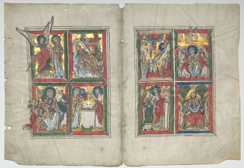 Bifolia with Scenes from the Life of Christ, 1230-1240. Germany, Lower Saxony (Diocese of Hildesheim), Braunschweig(?), 13th century. Tempera, and gold on vellum; framed: 48.3 x 63.5 cm (19 x 25 in.); overall: 30.7 x 45.2 cm (12 1/16 x 17 13/16 in.); matted: 40.6 x 55.9 cm (16 x 22 in.)