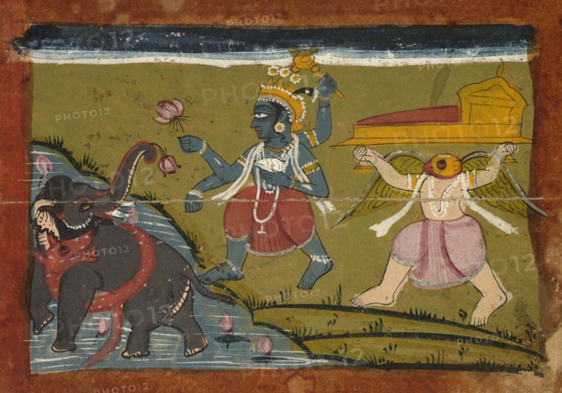Gajendra Moksha:  The Salvation of the King of the Elephants, 1800s. India, Rajasthan, Kota(?), 19th century. Color on paper; overall: 10.2 x 14 cm (4 x 5 1/2 in.).