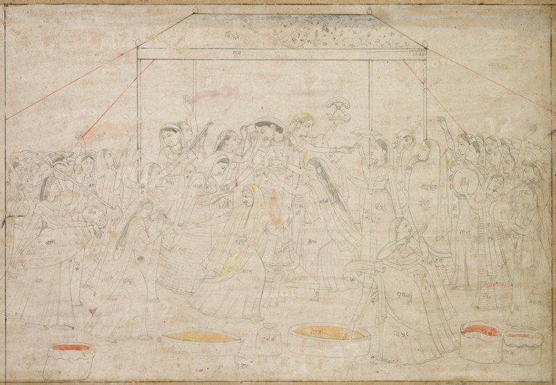 Hindu God Krishna Being Dressed in Women's Clothes for Spring Festival Holi, c. 1790. Northern India, Himachal Pradesh, Kangra, 18th century. Drawing with patches of opaque watercolor; overall: 19 x 27.4 cm (7 1/2 x 10 13/16 in.).