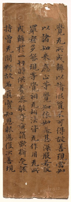 Text of the Perfection of Wisdom (Mahaprajñaparamita) Sutra, c. 700s-800s. China, Tang dynasty (618-907). Album leaf, ink on dyed paper; overall: 26.2 x 9 cm (10 5/16 x 3 9/16 in.).