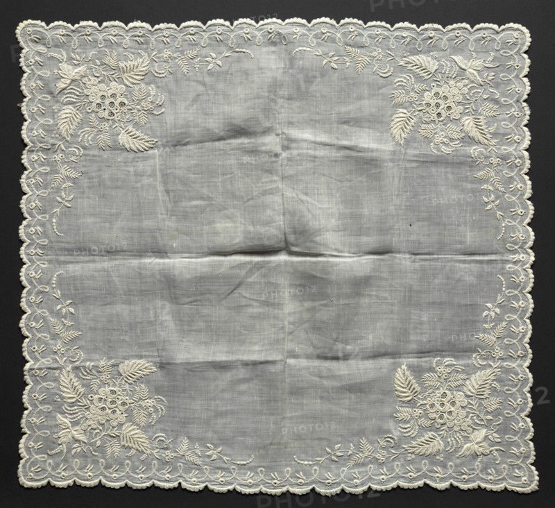 Handkerchief, 1857. Madeira, 19th century. Plain weave cotton? with cotton? embroidery; average: 45.8 x 41.3 cm (18 1/16 x 16 1/4 in.)