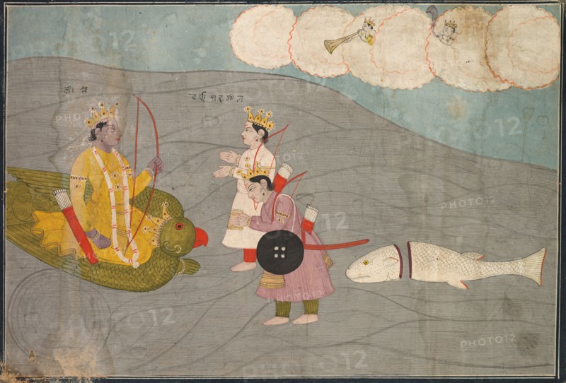 Vanasura's Sons Submit to Krishna: Scene from the Aniruddha Usha Section of Krishna Lila, c. 1840. India, Pahari, possibly Garhwal, 19th century. Color and gold on paper; image: 18.2 x 25.5 cm (7 3/16 x 10 1/16 in.); overall: 19 x 26.5 cm (7 1/2 x 10 7/16 in.).