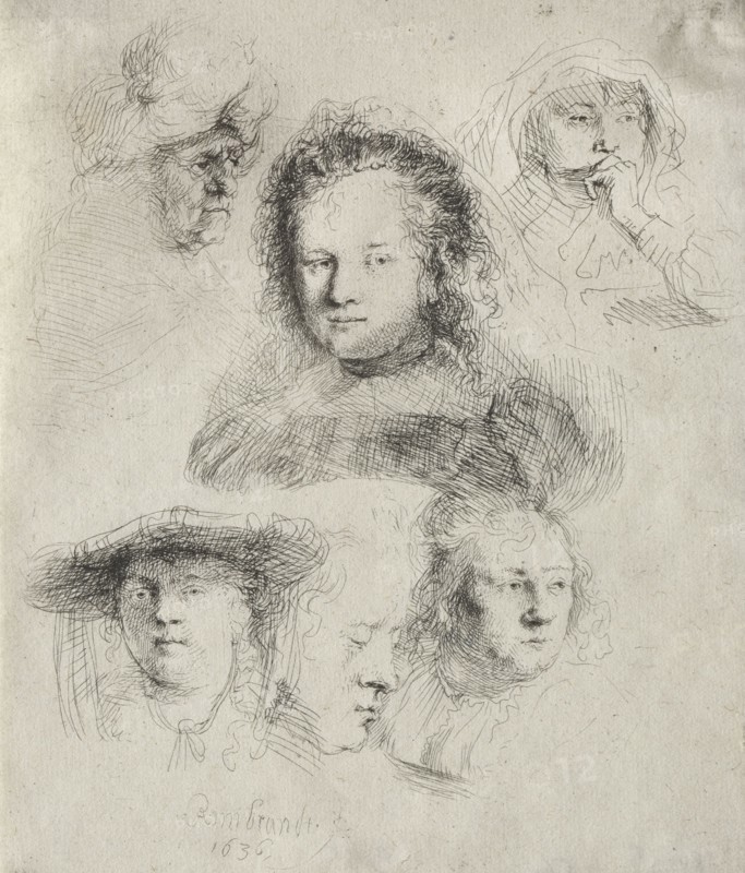 Studies of the Head of Saskia and Others, 1636. Rembrandt van Rijn (Dutch, 1606-1669). Etching; sheet: 15.3 x 12.9 cm (6 x 5 1/16 in.)