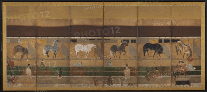 Horses and Grooms in the Stable, early 1500s. Tosa School (Japanese). Six-panel folding screen; ink, color, and gold on paper; image: 146.1 x 346.8 cm (57 1/2 x 136 9/16 in.); overall: 160.3 x 363 cm (63 1/8 x 142 15/16 in.); closed: 163.8 x 62.3 x 11.5 cm (64 1/2 x 24 1/2 x 4 1/2 in.); panel: 160.3 x 60.5 cm (63 1/8 x 23 13/16 in.); with frame: 163.3 x 366 cm (64 5/16 x 144 1/8 in.).