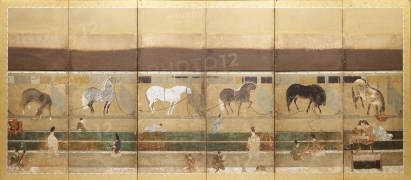 Horses and Grooms in the Stable, early 1500s. Tosa School (Japanese). Pair of six-panel folding screens; ink, color, and gold on paper; image: 146 x 349.6 cm (57 1/2 x 137 5/8 in.).