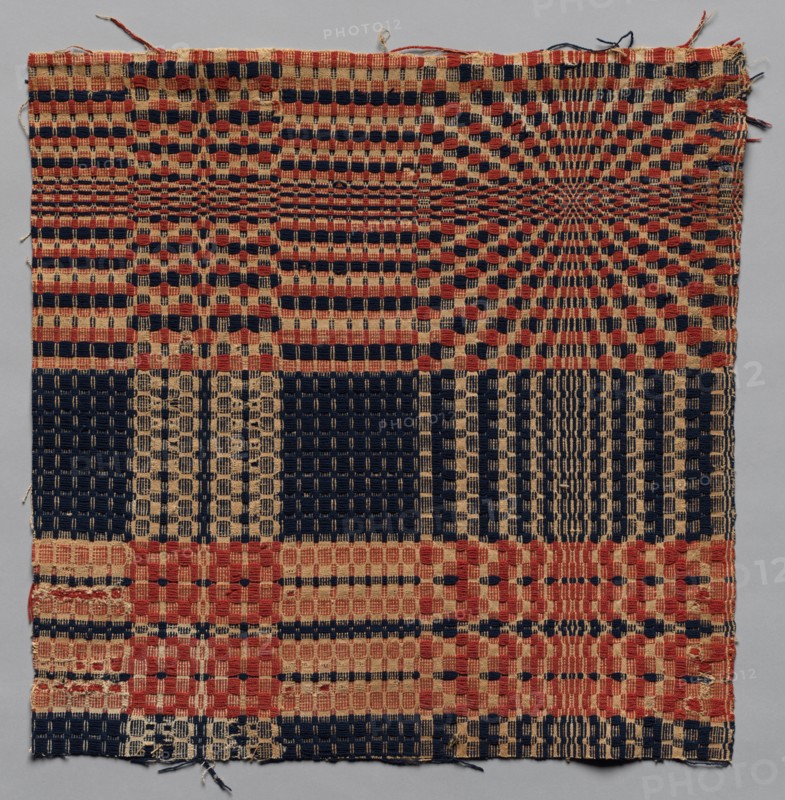 Coverlet Fragment, c. 1800. America, early 19th Century. Hand weave: wool and cotton; average: 49.5 x 49.5 cm (19 1/2 x 19 1/2 in.).