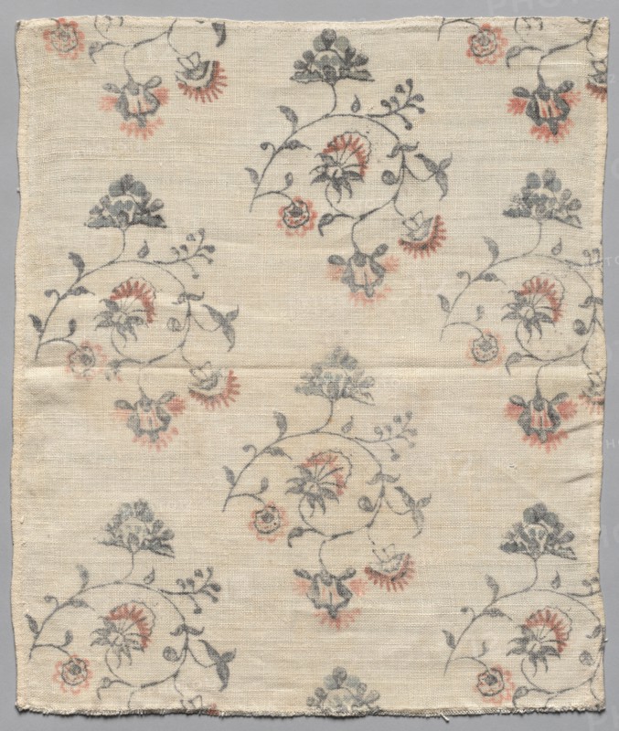 Textile Fragment of Painted Linen, c. 1800. America, Massachusetts, Ashfield, early 19th Century. Painted linen; average: 32.4 x 38.1 cm (12 3/4 x 15 in.).