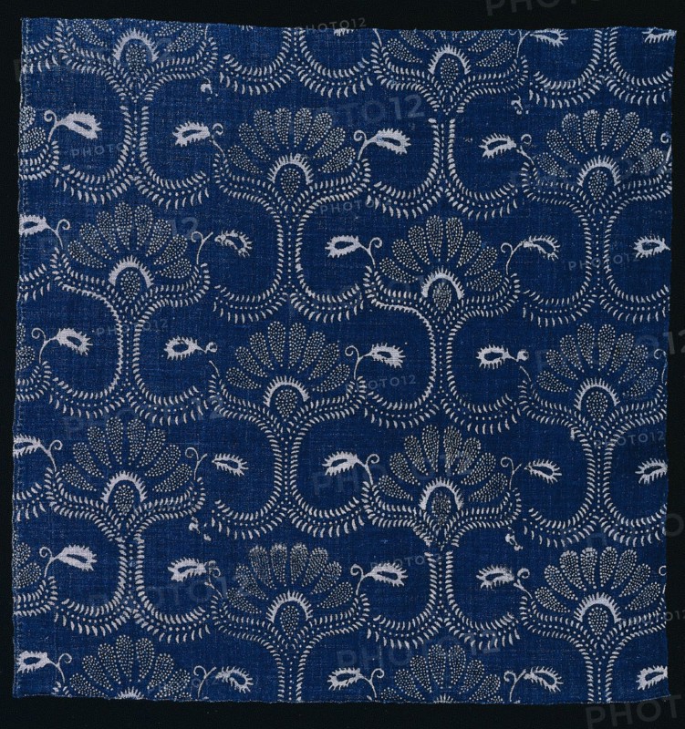 Blue Indigo Resist Print with Stylized Leaf Design, 1790. France, Alsace, Sain-Bel, late 18th century. Wax-resist print, design printed by means of woodblock; overall: 53.3 x 52.1 cm (21 x 20 1/2 in.)