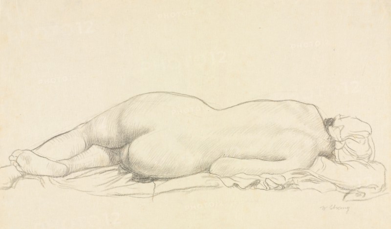 Reclining Nude. William Strang (British, 1859-1921). Graphite; sheet: 28.1 x 40 cm (11 1/16 x 15 3/4 in.); image: 11.2 x 40 cm (4 7/16 x 15 3/4 in.).