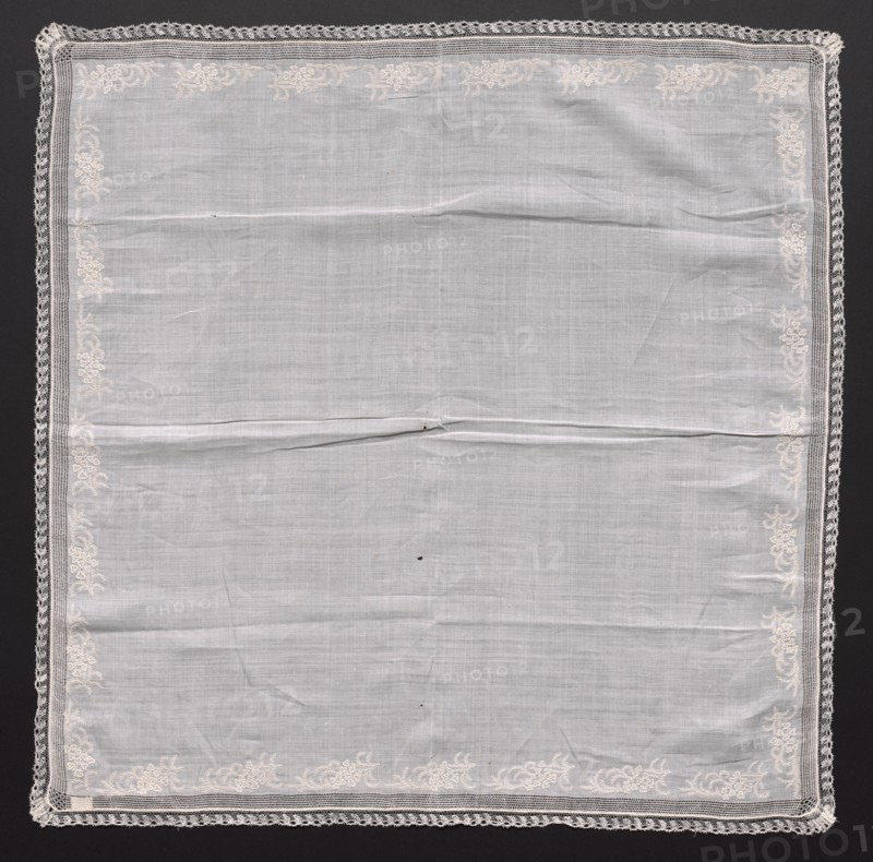 Handkerchief, early 1800s. France, early 19th century. Embroidery on linen ground; lace edging; overall: 63.5 x 63.5 cm (25 x 25 in.)