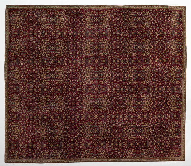 Woolen carpet with millefleurs decoration, early 1600s. India, Mughal, Kashmir, 17th century. Asymmetrical knot: pashmina (wool); average: 292.7 x 248.9 cm (115 1/4 x 98 in.)