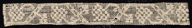 Fragment of a Band with Geometric Pattern and Floral Motif, 19th century. Italy, 19th century. Needle lace, burato (twined ground and darned in one direction); cotton (est.); overall: 5.9 x 48 cm (2 5/16 x 18 7/8 in.)