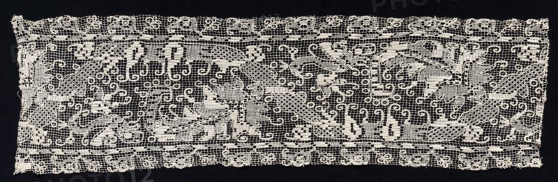 Band with Leaf Motifs, 17th century. Italy, Sardinia, 17th century. Needle lace, filet/lacis (knotted ground and darned in one and two directions); bleached linen (est.); overall: 20.2 x 68.8 cm (7 15/16 x 27 1/16 in.).