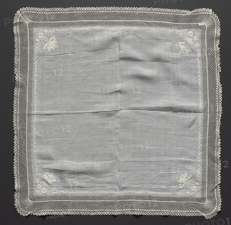 Handekrchief, early 1800s. France or Flanders, early 19th century. Embroidery on linen ground; lace edging; overall: 64.7 x 64.7 cm (25 1/2 x 25 1/2 in.).