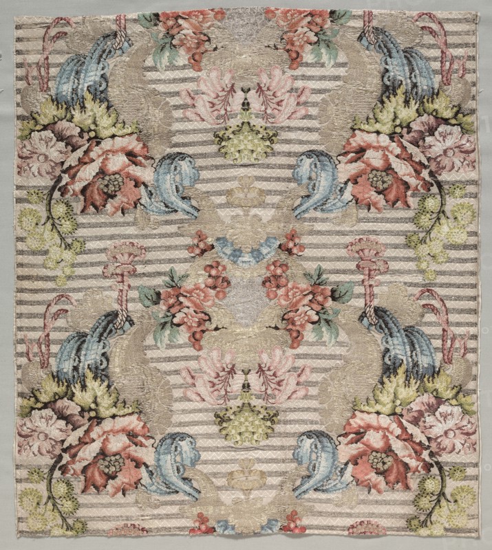 Fragment, 1715-1725. France, 18th century, Period of Louis XV (1723-1774). Silk, gold and silver filé, silver strips; overall: 61 x 53.3 cm (24 x 21 in.)
