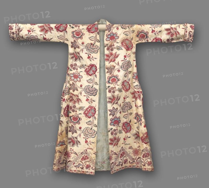 Man's morning coat, 1700-1750. India, Mughal, 18th century. Tabby weave, resist-dyed (mordant resist and batik); cotton and applied gold leaf; overall: 142 x 172 cm (55 7/8 x 67 11/16 in.)