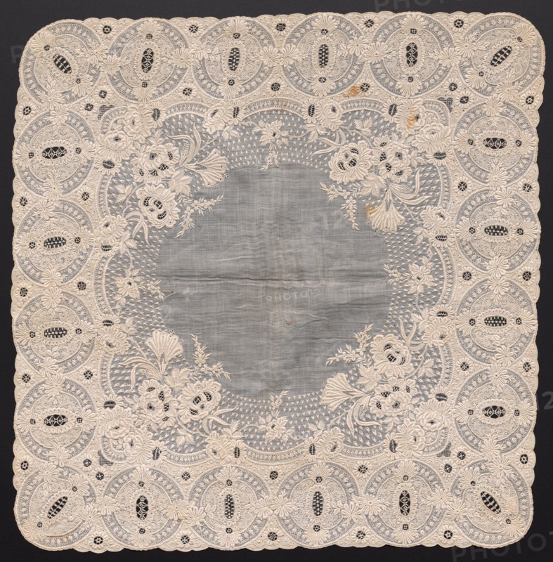 Handkerchief, 1800s. France, 19th century. Embroidery: linen; overall: 46.3 x 46.3 cm (18 1/4 x 18 1/4 in.)