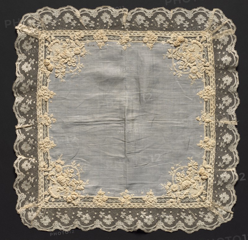 Embroidered Handkerchief, 1860. Switzerland, 19th century. Embroidery: linen; average: 47 x 47 cm (18 1/2 x 18 1/2 in.).