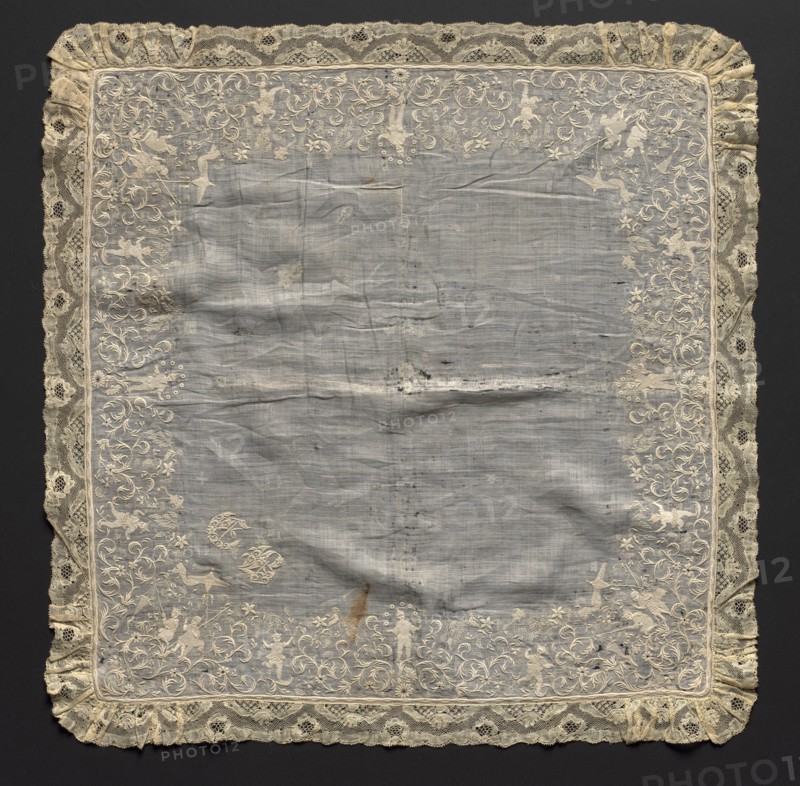 Handkerchief, 1700s. France, 18th century, Period of Louis XV (1723-1774). Embroidery on linen ground; lace edging; overall: 57.2 x 57.2 cm (22 1/2 x 22 1/2 in.)