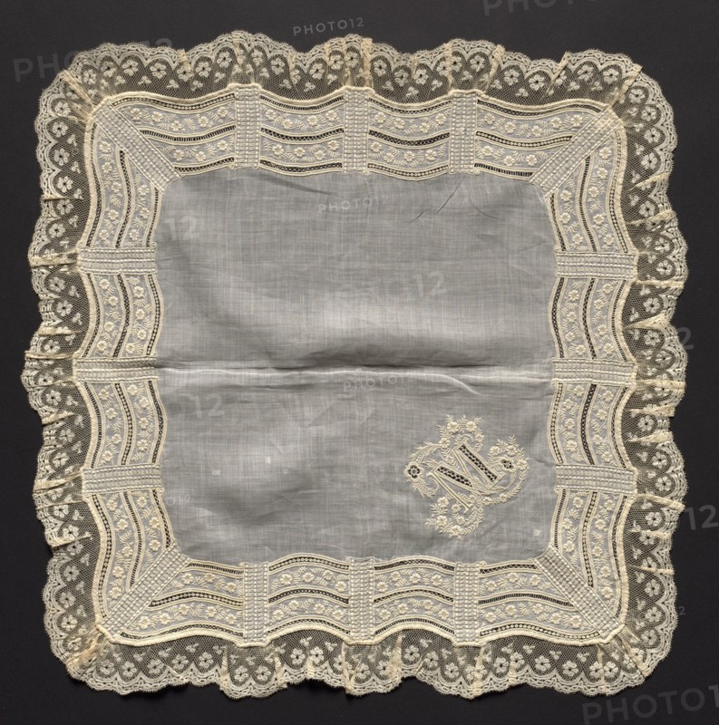 Handkerchief, 1800s. France, 19th century. Embroidery on linen ground; lace edging; overall: 47.6 x 47.6 cm (18 3/4 x 18 3/4 in.)