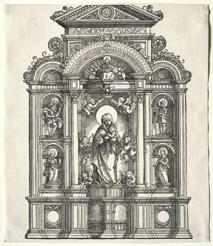 Great Altar with the Virgin, in a border with SS. Christopher, George, Barbara, Catherine, 1520. Albrecht Altdorfer (German, c. 1480-1538). Woodcut