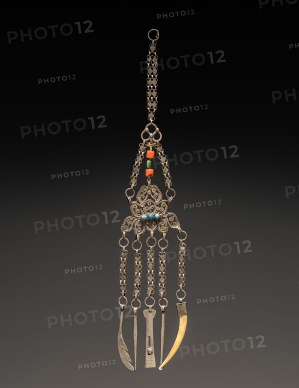 Chatelaine with Toilet Articles, 1800s. Tibet (or Nepal), 19th century. Silver with semi-precious stones; overall: 29.9 cm (11 3/4 in.).