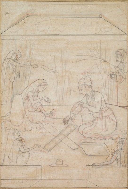 Couple Playing Chaupar on a Terrace, c. 1790-1800. India, Pahari, Kangra school, late 18th Century. Drawing with red ochre underdrawing; overall: 19.4 x 13.2 cm (7 5/8 x 5 3/16 in.).