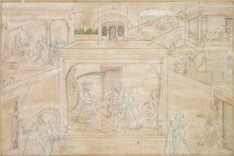 Bhima's Consultation with the Astrologer: Scene from the Nala-Damayanti Drawings, c. 1790-1800. India, Pahari, Kangra school, late 18th Century. Drawing with slight color; overall: 22.2 x 33.5 cm (8 3/4 x 13 3/16 in.).
