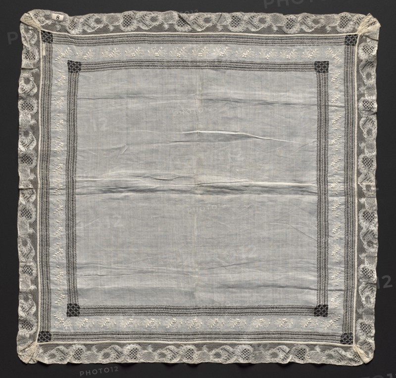 Handkerchief, 1800s. Flanders, 19th century. Embroidery and drawn work on linen ground; machine made lace edging; overall: 61 x 61 cm (24 x 24 in.).