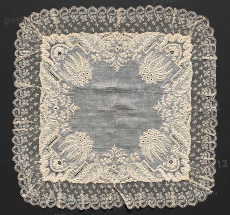 Handkerchief, early 1800s. Flanders, early 19th century. Embroidery on linen ground; lace edging; overall: 52.8 x 54.6 cm (20 13/16 x 21 1/2 in.)
