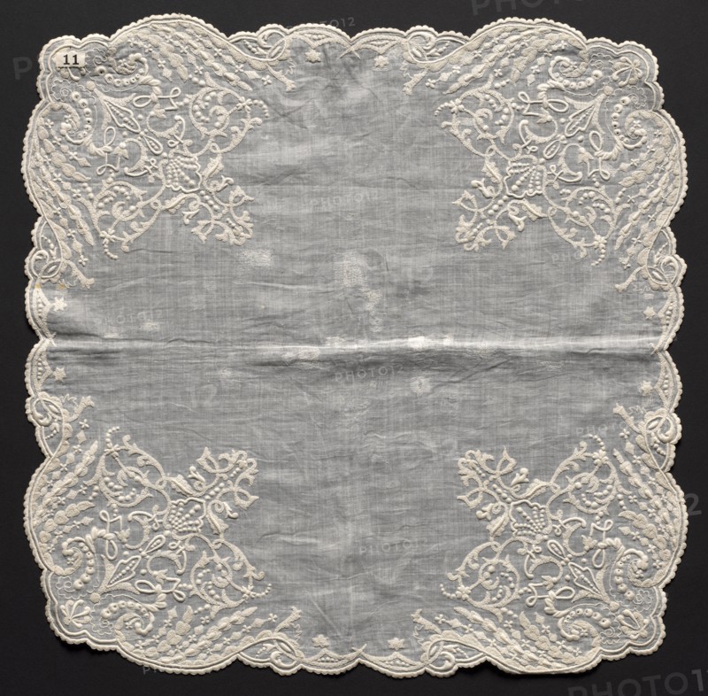 Embroidered Handkerchief, 1800s. Italy, 19th century. Embroidery: linen; overall: 45.7 x 45.7 cm (18 x 18 in.).