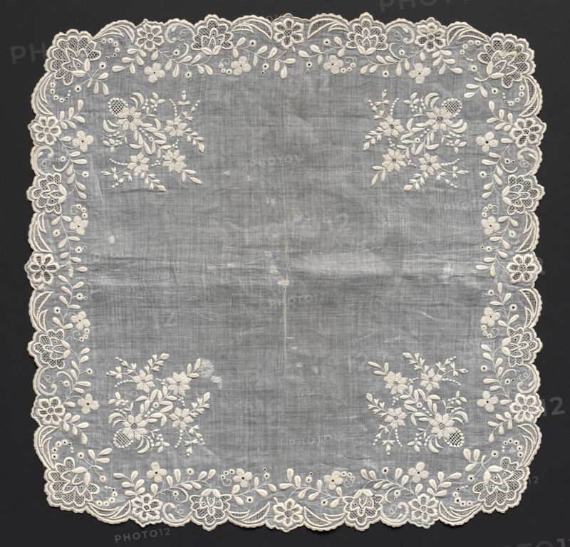 Handkerchief, 1800s. France ?, 19th century. Embroidery: linen; overall: 45.7 x 45.7 cm (18 x 18 in.)