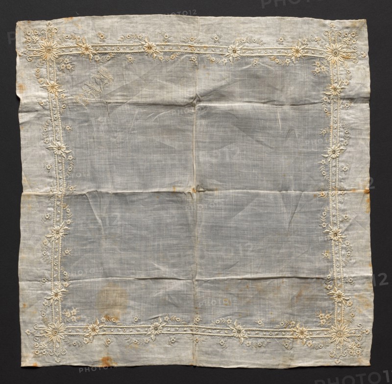 Embroidered Handkerchief, 1876. Switzerland, 19th century. Embroidery: linen; average: 39.4 x 39.4 cm (15 1/2 x 15 1/2 in.)