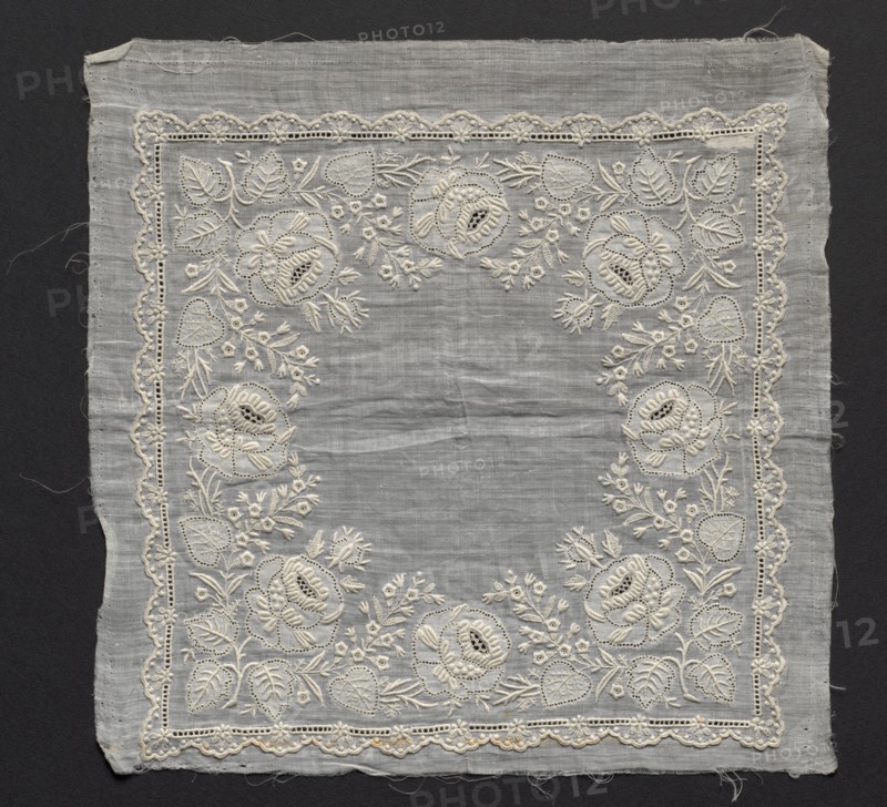 Handkerchief, 1800s. England ?, 19th century. Embroidery; linen; overall: 15.6 x 20.7 cm (6 1/8 x 8 1/8 in.).
