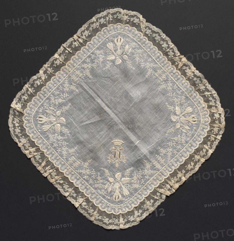 Handkerchief, 1800s. France or Flanders, 19th century. Embroidery on linen ground; lace edging; overall: 45.1 x 45.7 cm (17 3/4 x 18 in.).