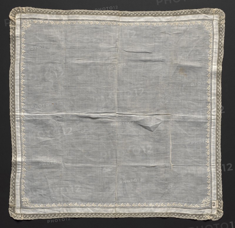 Handkerchief, 1800s. France or Flanders, 19th century. Embroidery on linen ground; lace edging; overall: 58.4 x 59.7 cm (23 x 23 1/2 in.)