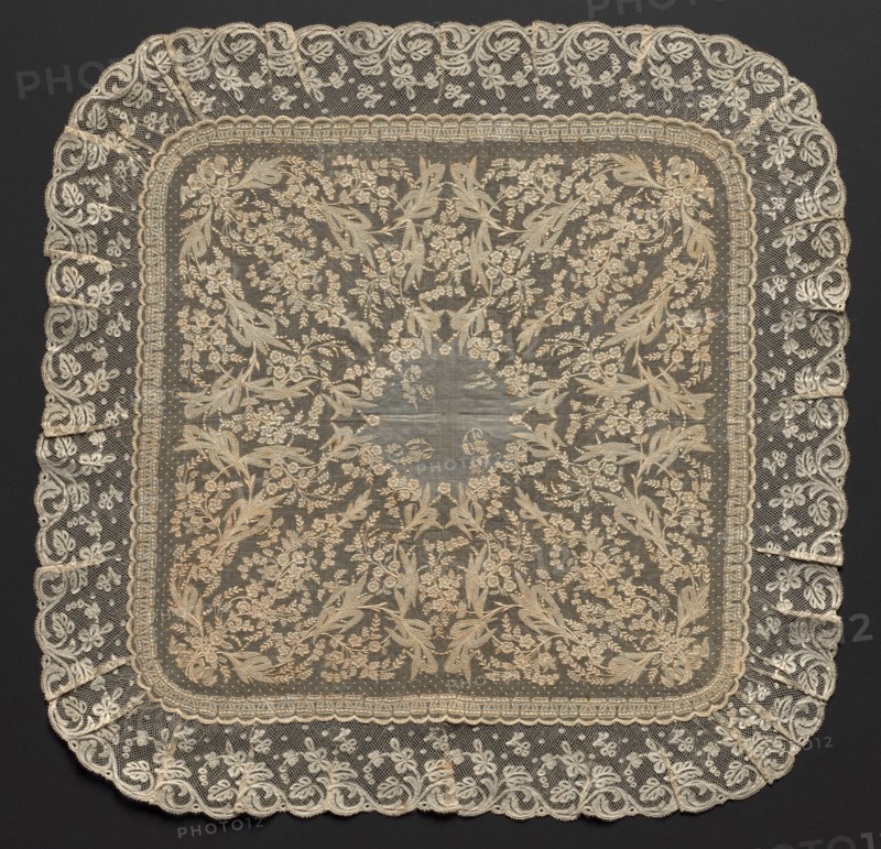 Handkerchief, 1800s. France or Italy, 19th century. Embroidery on linen ground; lace edging; overall: 57.2 x 55.9 cm (22 1/2 x 22 in.)