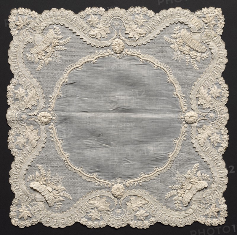 Embroidered Handkerchief, 1800s. Italy, 19th century. Embroidery: linen; overall: 39.4 x 40 cm (15 1/2 x 15 3/4 in.).