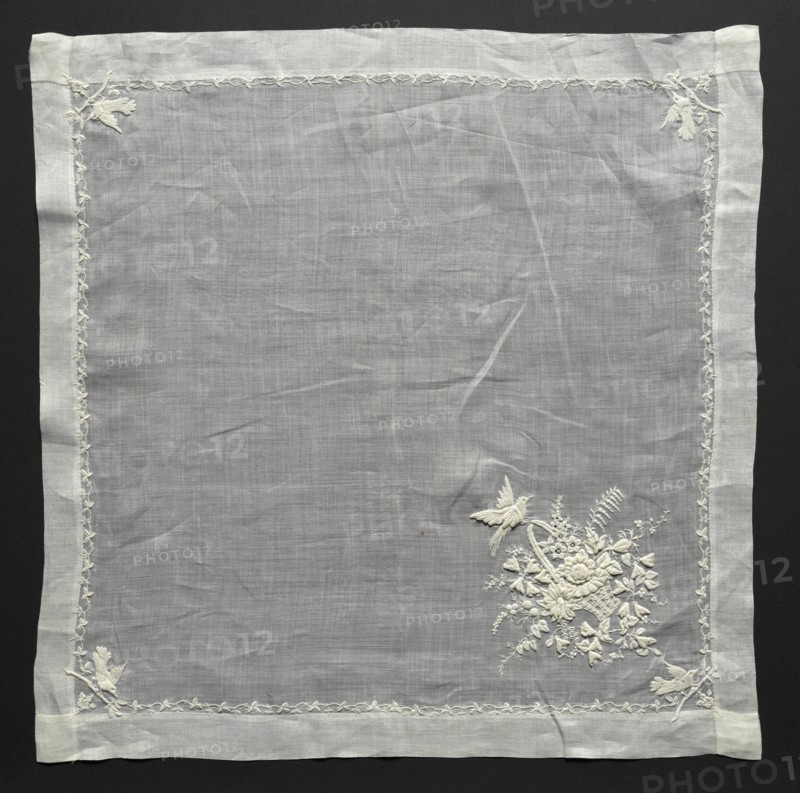 Embroidered Handkerchief, 19th century. Switzerland, 19th century. Embroidery: linen; average: 41.3 x 41.9 cm (16 1/4 x 16 1/2 in.)