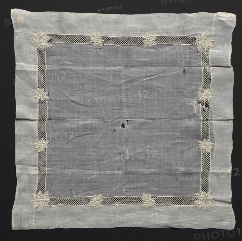 Handkerchief, 1800s. France or Switzerland, 19th century. Embroidery: linen; overall: 38.8 x 36.8 cm (15 1/4 x 14 1/2 in.).