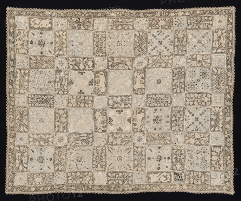Cloth with Unicorns, Dragons, Other Animals, and Floral Patterns, 19th century. Italy, 19th century. Needle lace, filet/lacis (knotted ground and darned in two directions) and alternating cutwork, embroidered squares, and bobbin lace edging; bleached linen (est.); overall: 113.5 x 138 cm (44 11/16 x 54 5/16 in.)