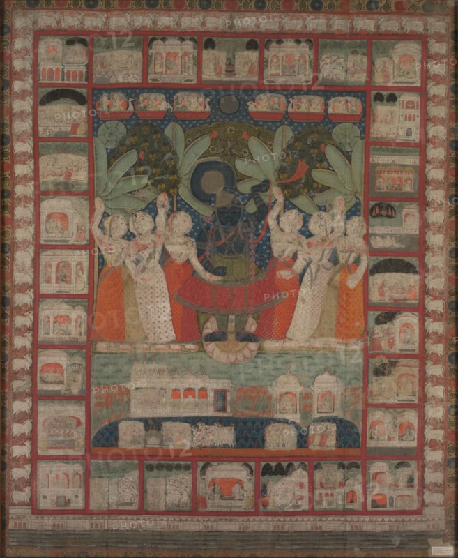 Pichvai (wall hanging) with the Worship of Shri Nathaji, 1825-1850. India, Rajasthan, Nathadwara, 19th century. Black, white and colors on cloth; overall: 257 x 169.5 cm (101 3/16 x 66 3/4 in.).
