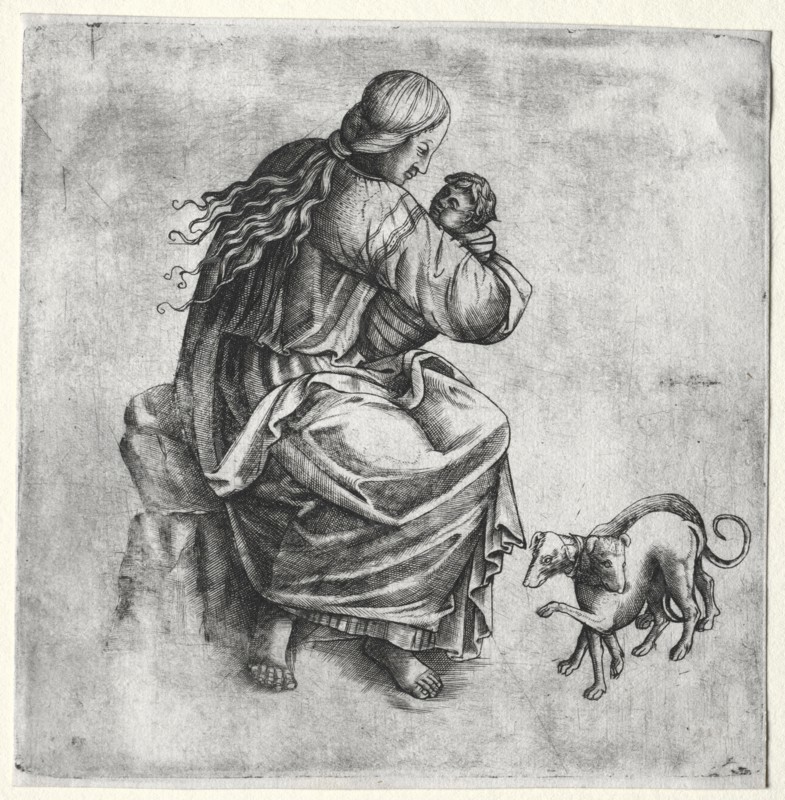 Mother and Child with Two Dogs, late 1400s. Italy, late 15th Century. Engraving