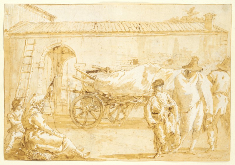 Peasants with a Farm-cart, c. 1790. Giovanni Domenico Tiepolo (Italian, 1727-1804). Pen and brown ink and brush and brown wash over black chalk; framing lines in brown ink over black chalk; sheet: 28.6 x 41.3 cm (11 1/4 x 16 1/4 in.).