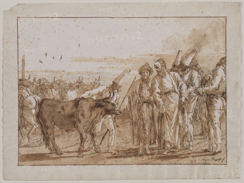 The Cattle Vendor, 1790s. Giovanni Domenico Tiepolo (Italian, 1727-1804). Pen and brown ink and brush and brown wash, over black chalk; framing lines in brown ink and graphite; sheet: 35.4 x 47.3 cm (13 15/16 x 18 5/8 in.); image: 29.5 x 41.7 cm (11 5/8 x 16 7/16 in.).