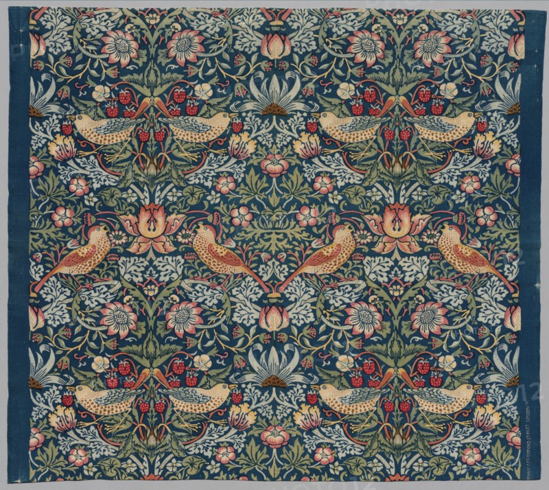 Strawberry Thief, c 1936. William Morris (British, 1834-1896). Plain weave cotton, discharge printed; overall: 88.3 x 99.1 cm (34 3/4 x 39 in.)